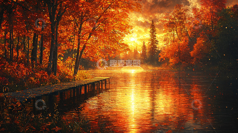 高清大图下载【趣麦麦图】秋日湖边栈桥夕阳