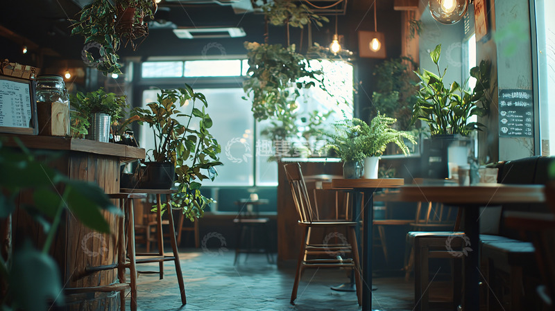 高清大图下载【趣麦麦图】绿植环绕的咖啡厅室内场景