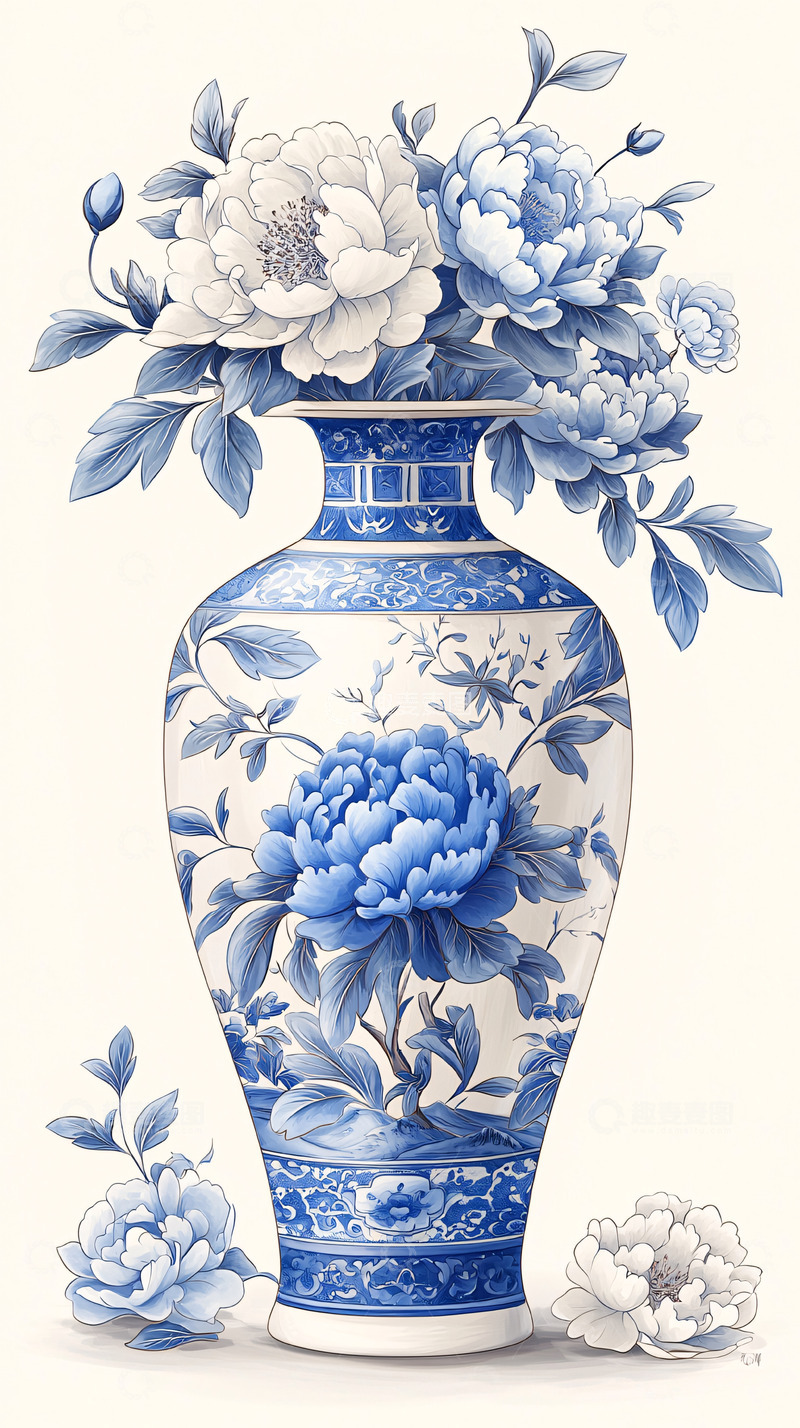 高清大图下载【趣麦麦图】青花瓷花瓶里的牡丹花