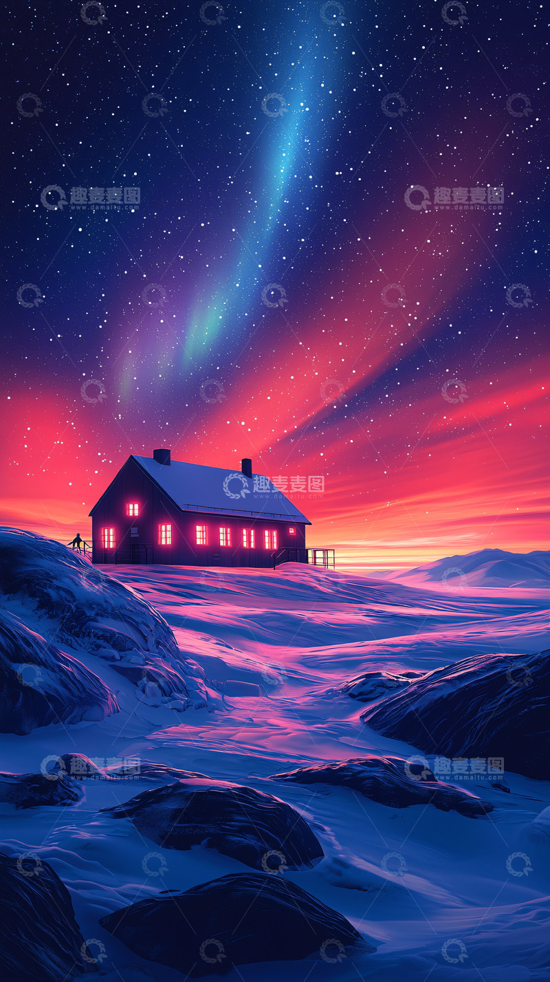 高清大图下载【趣麦麦图】雪地小屋星空极光