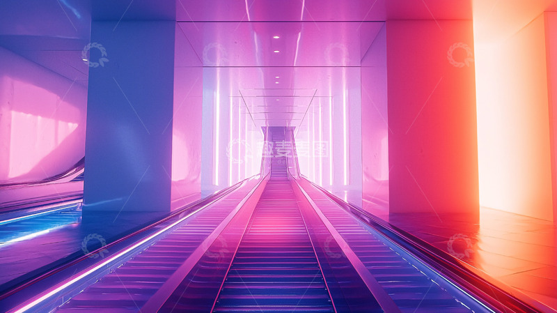 高清大图下载【趣麦麦图】霓虹灯下的自动扶梯
