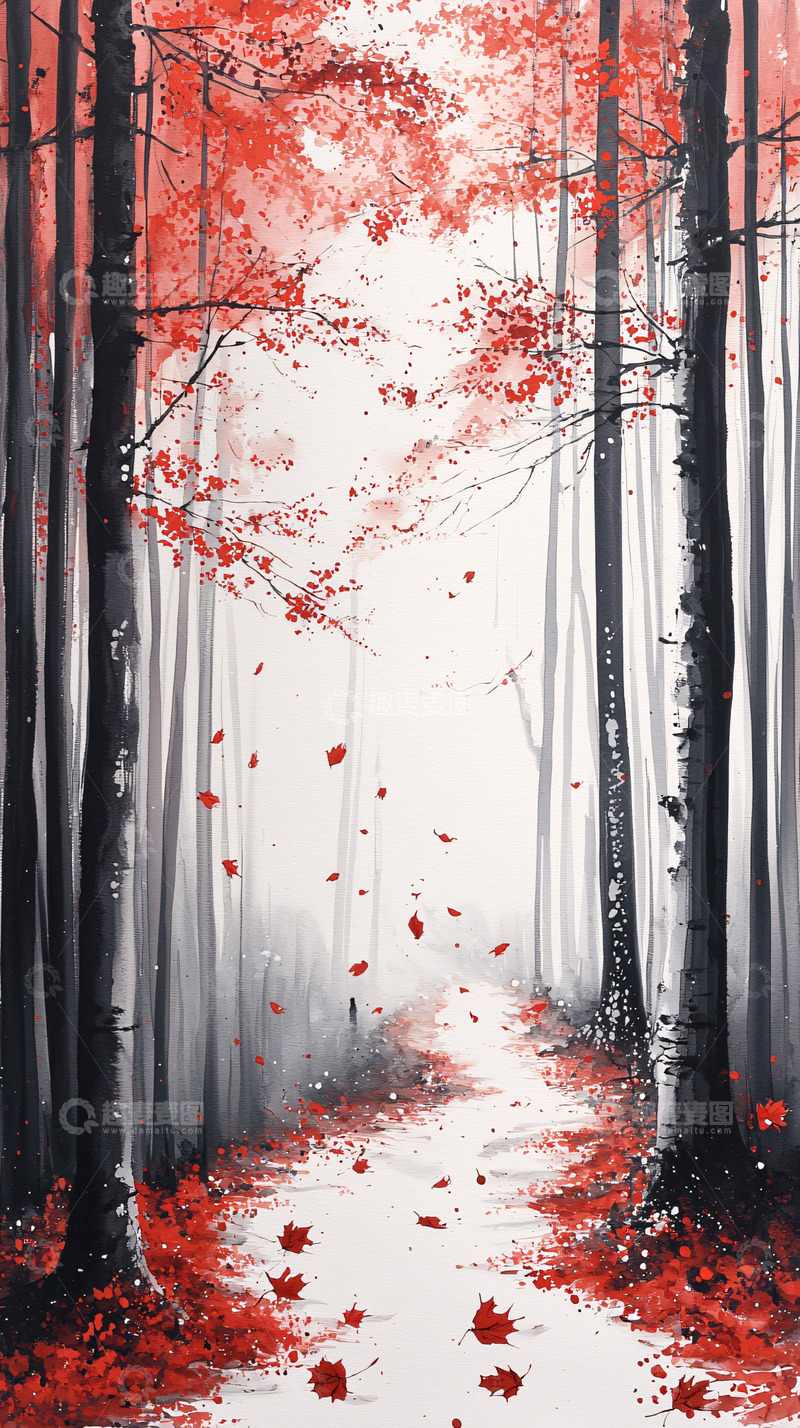 高清大图下载【趣麦麦图】红叶小路森林意境图