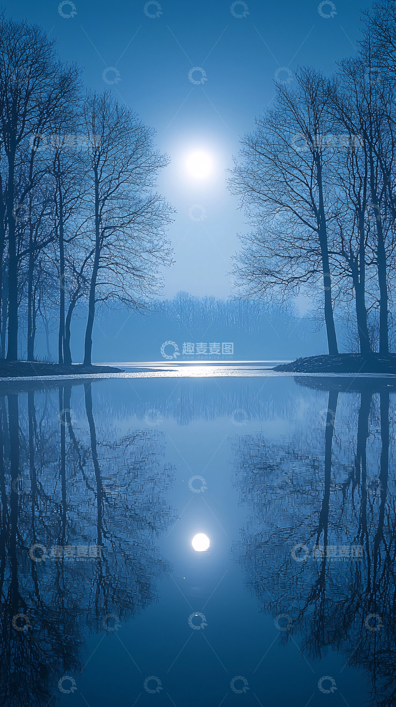 高清大图下载【趣麦麦图】月光下的湖边树木