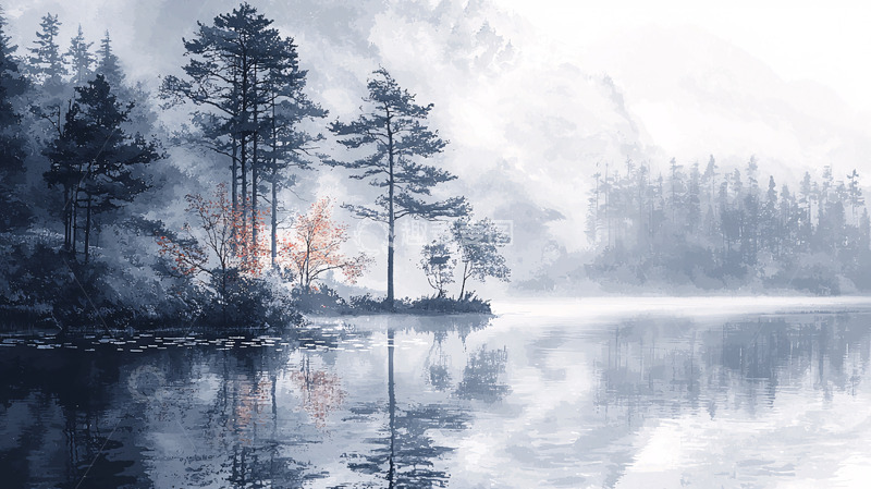 高清大图下载【趣麦麦图】雾气弥漫的湖边森林