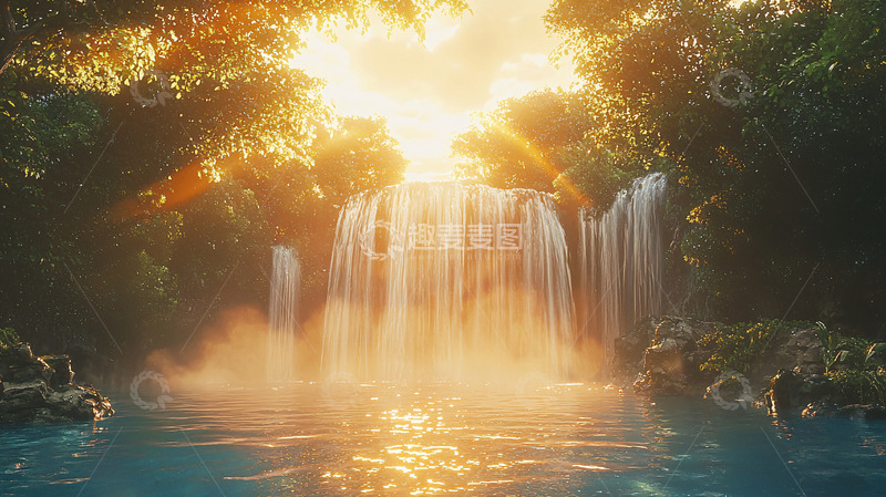 高清大图下载【趣麦麦图】阳光森林瀑布