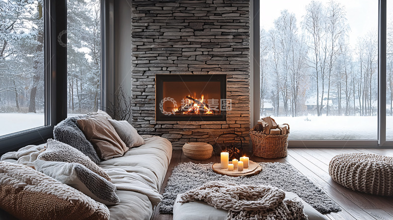 高清大图下载【趣麦麦图】温暖壁炉旁的舒适客厅