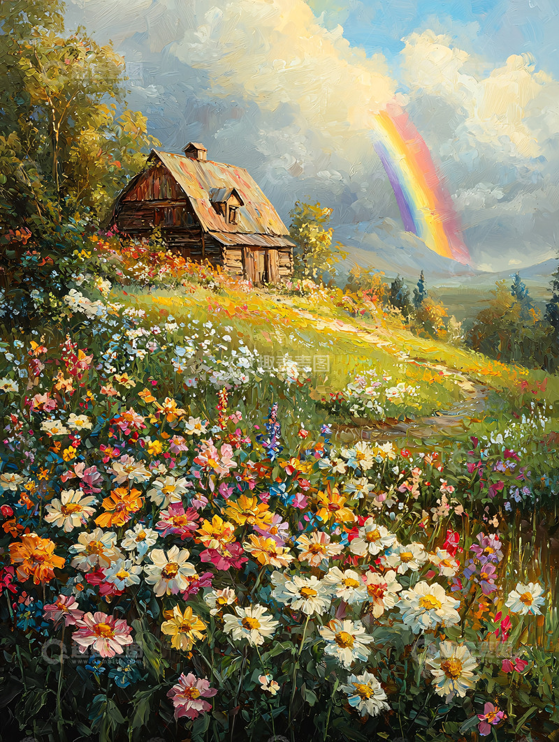 高清大图下载【趣麦麦图】田园小屋彩虹鲜花草地