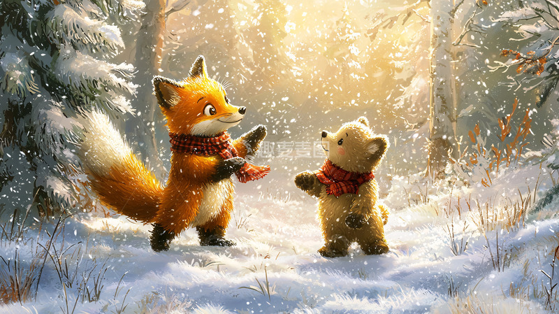 高清大图下载【趣麦麦图】冬日森林里狐狸和熊宝宝