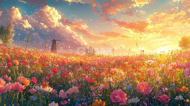 高清大图下载【趣麦麦图】夕阳下五彩缤纷的花田