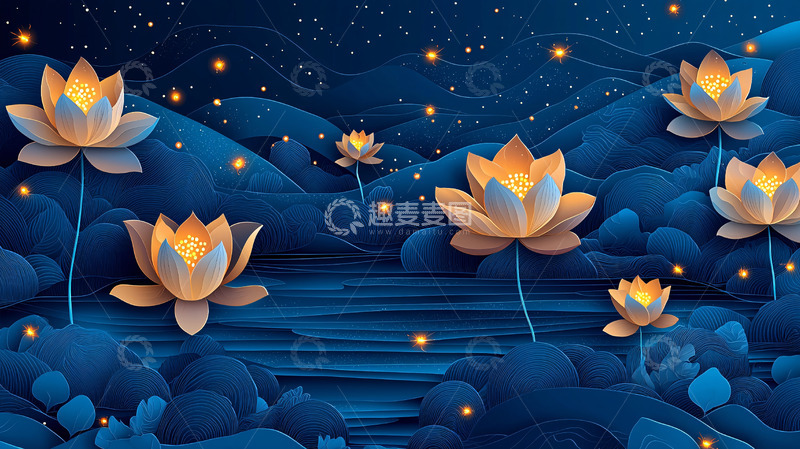 高清大图下载【趣麦麦图】夜色莲花萤火虫梦幻背景