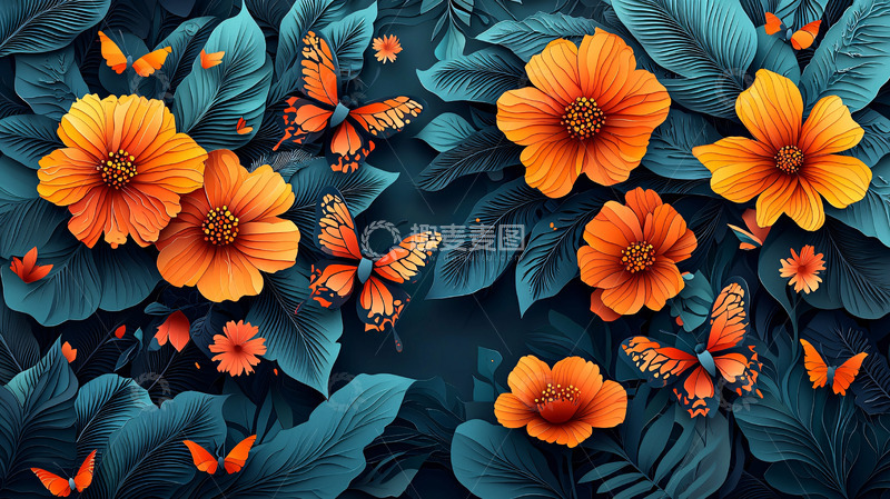 高清大图下载【趣麦麦图】橙色花朵和蝴蝶的热带植物