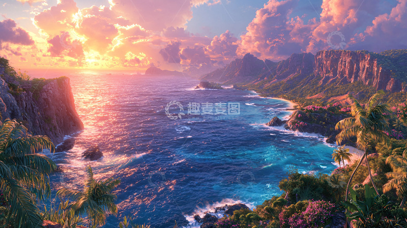 高清大图下载【趣麦麦图】热带海岸线日落时分的壮丽景色