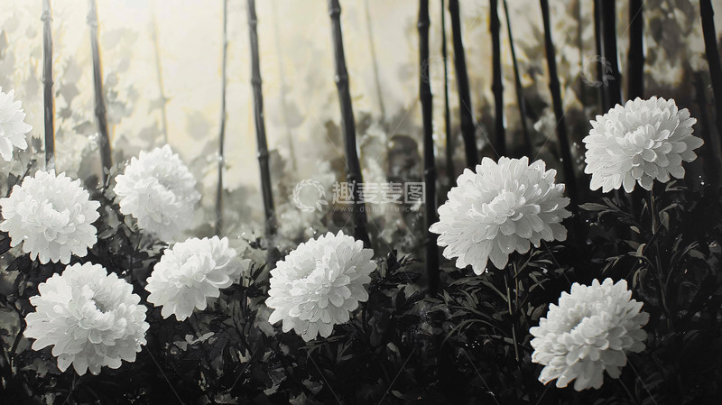 高清大图下载【趣麦麦图】黑白菊花竹林