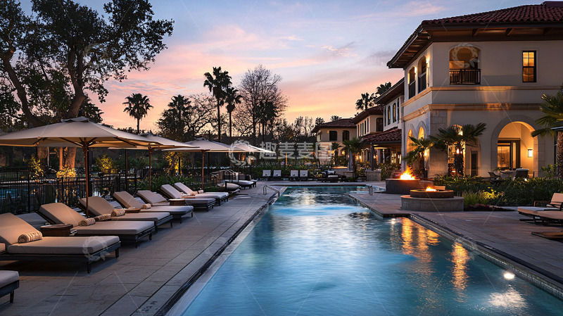 高清大图下载【趣麦麦图】豪华泳池边的日落美景