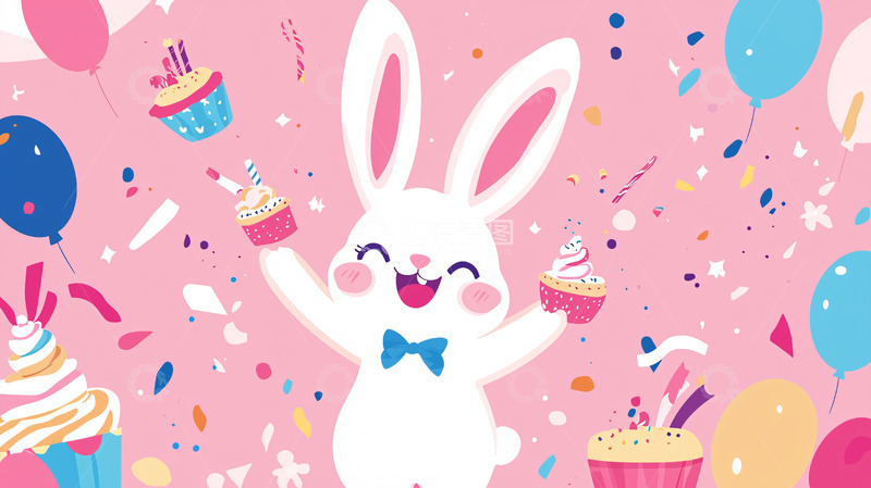 高清大图下载【趣麦麦图】粉红色背景可爱兔子生日派对