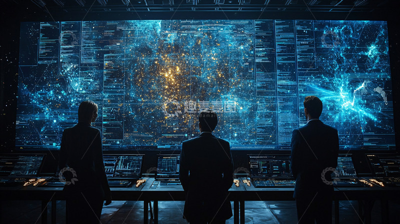 高清大图下载【趣麦麦图】三人凝视大型数据屏幕