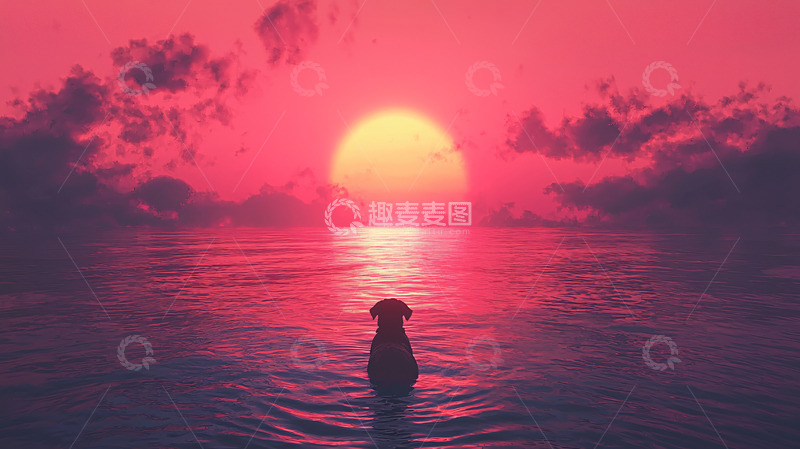 高清大图下载【趣麦麦图】日落海边狗狗剪影