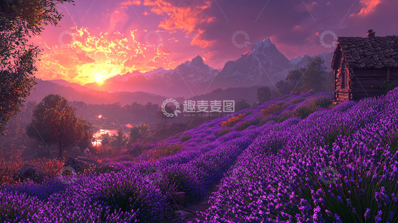 高清大图下载【趣麦麦图】日落薰衣草田园山脉小屋