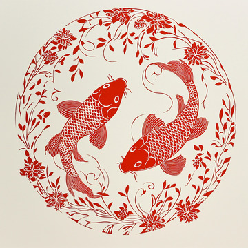 红鲤鱼花卉圆形图案
