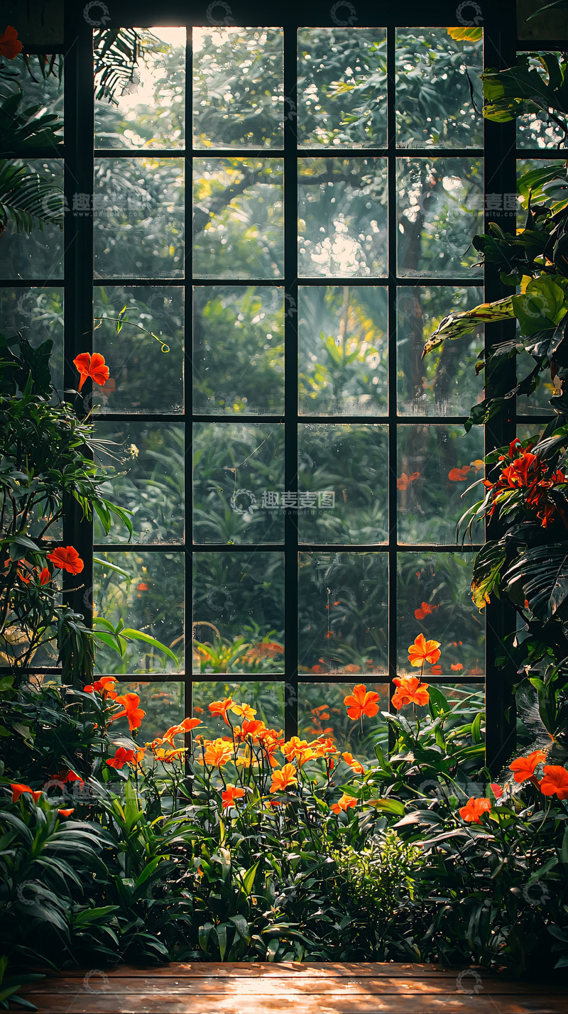 高清大图下载【趣麦麦图】阳光透过玻璃窗洒进花园