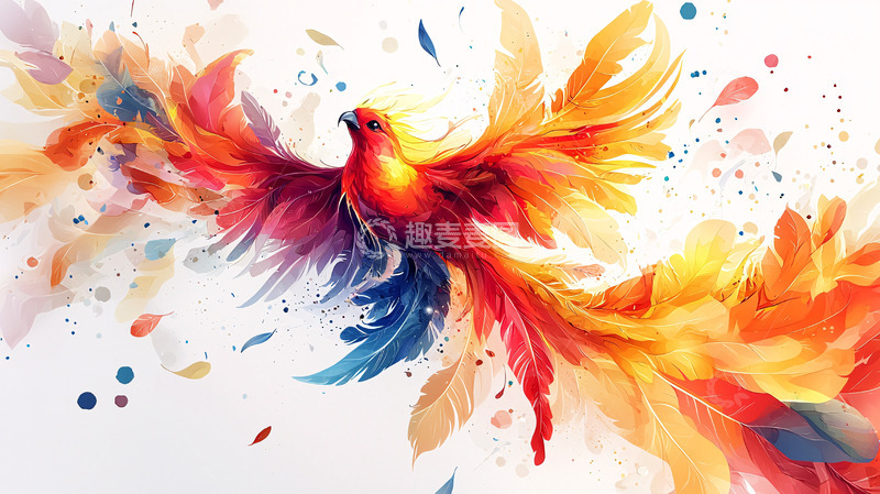 高清大图下载【趣麦麦图】水彩风格的凤凰飞翔