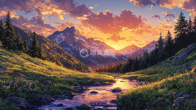 高清大图下载【趣麦麦图】山间溪流的日落美景