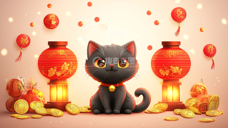 高清大图下载【趣麦麦图】新年黑猫卡通图