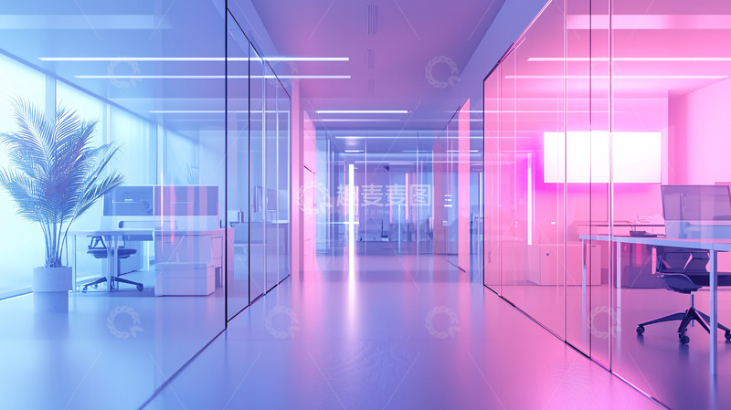 高清大图下载【趣麦麦图】梦幻粉色蓝色玻璃办公室走廊