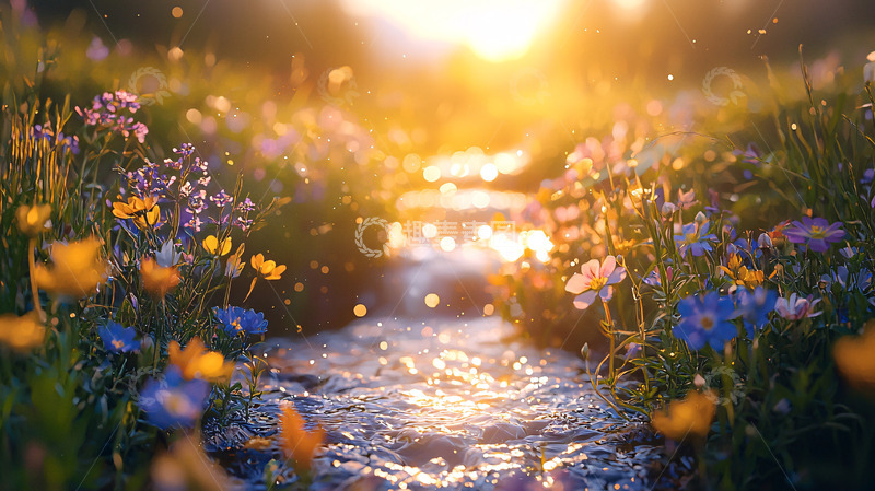 高清大图下载【趣麦麦图】夕阳下的小溪与野花