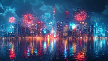 夜幕下的上海夜景烟火