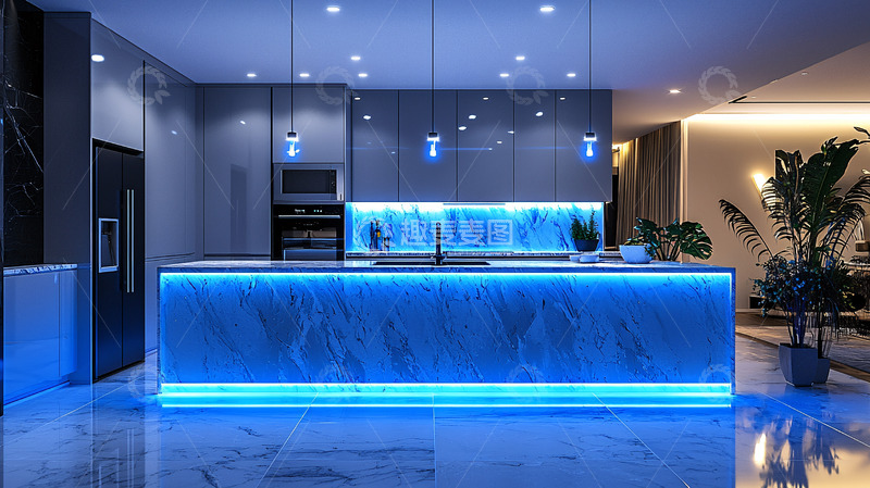 高清大图下载【趣麦麦图】现代简约蓝色灯光厨房橱柜