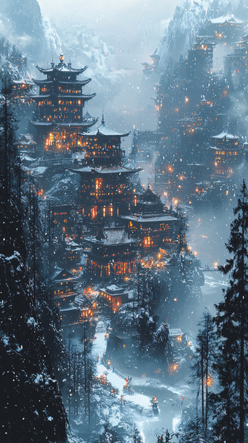 雪山上的古风建筑群