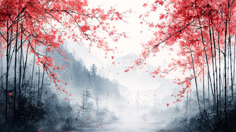高清大图下载【趣麦麦图】红叶树林雾气朦胧