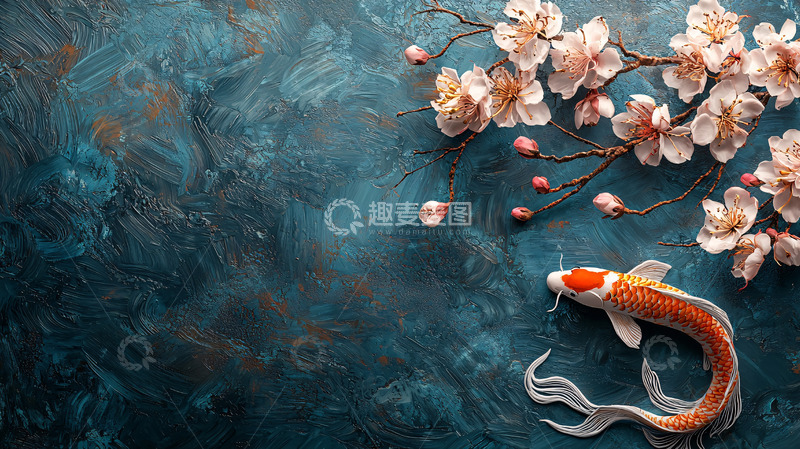 高清大图下载【趣麦麦图】水墨画风格鲤鱼和樱花