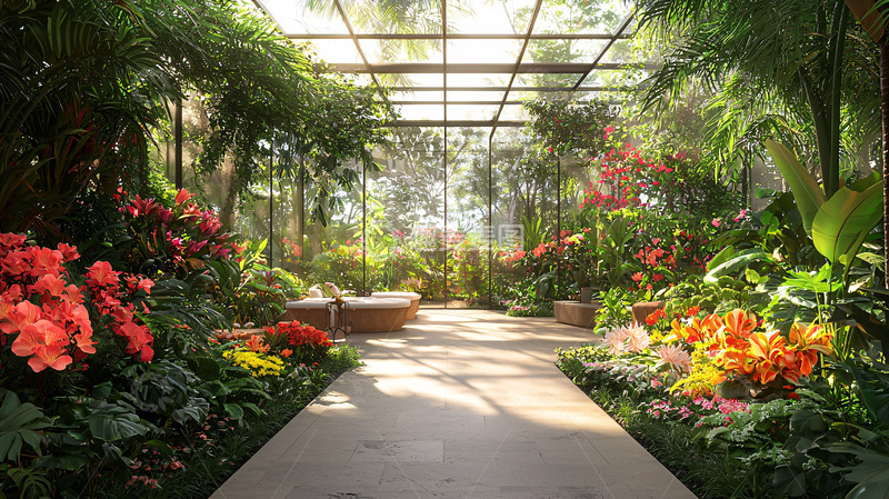高清大图下载【趣麦麦图】阳光洒满温室花园小径
