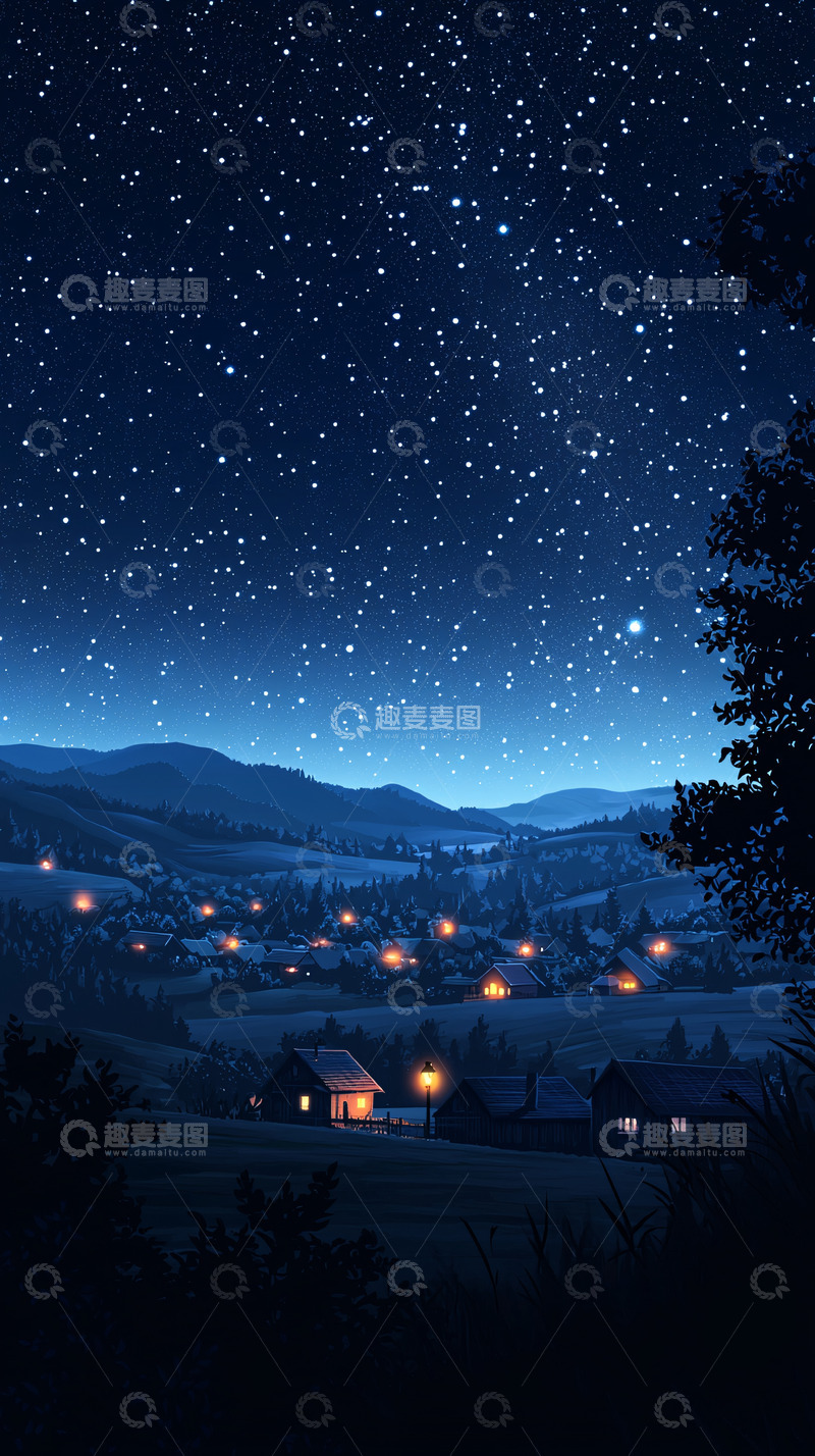 高清大图下载【趣麦麦图】星空下的宁静小镇