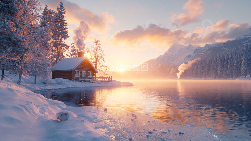 高清大图下载【趣麦麦图】冬季雪景小屋