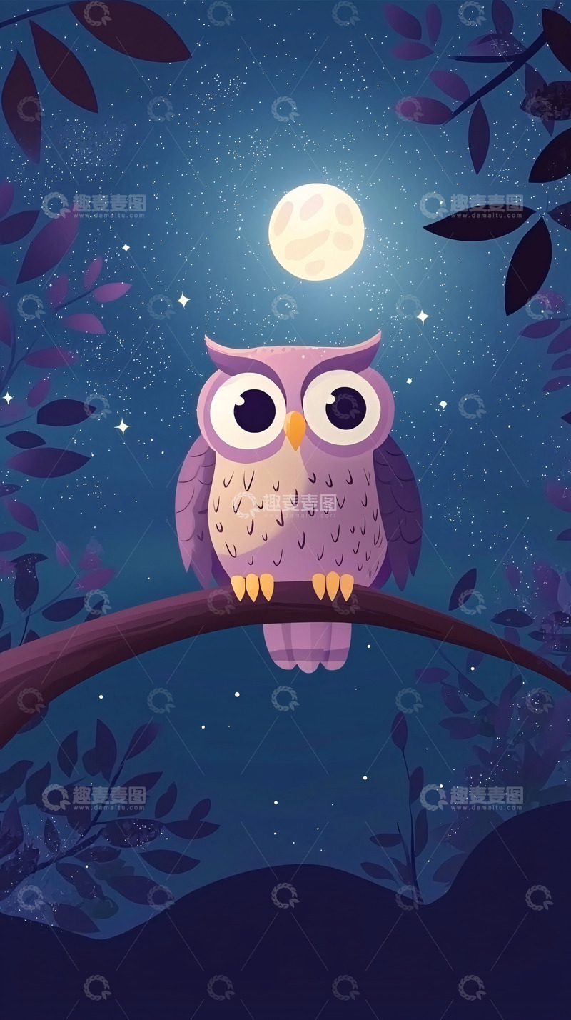 高清大图下载【趣麦麦图】卡通紫猫头鹰夜景