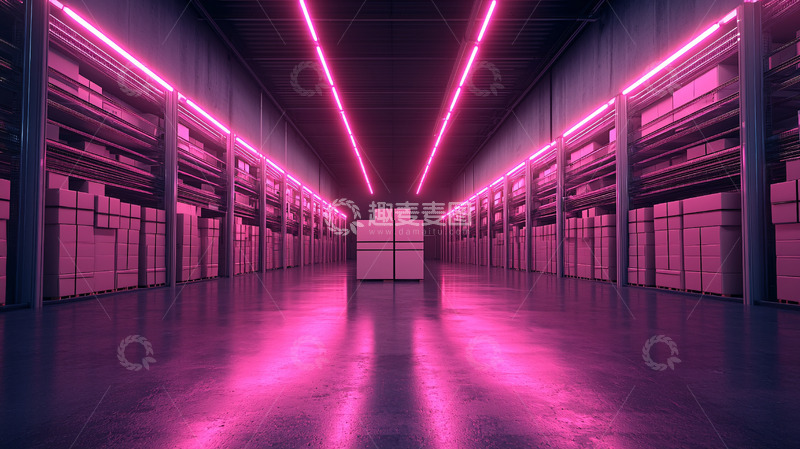 高清大图下载【趣麦麦图】霓虹灯照亮的仓库过道