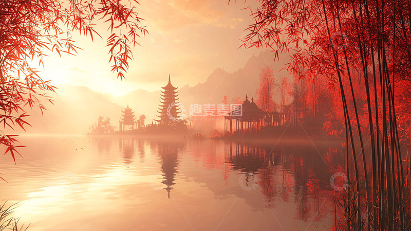 高清大图下载【趣麦麦图】红枫竹林清晨景色