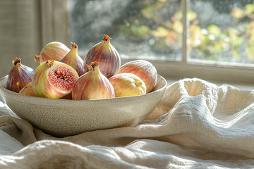 阳光下白碗里新鲜无花果