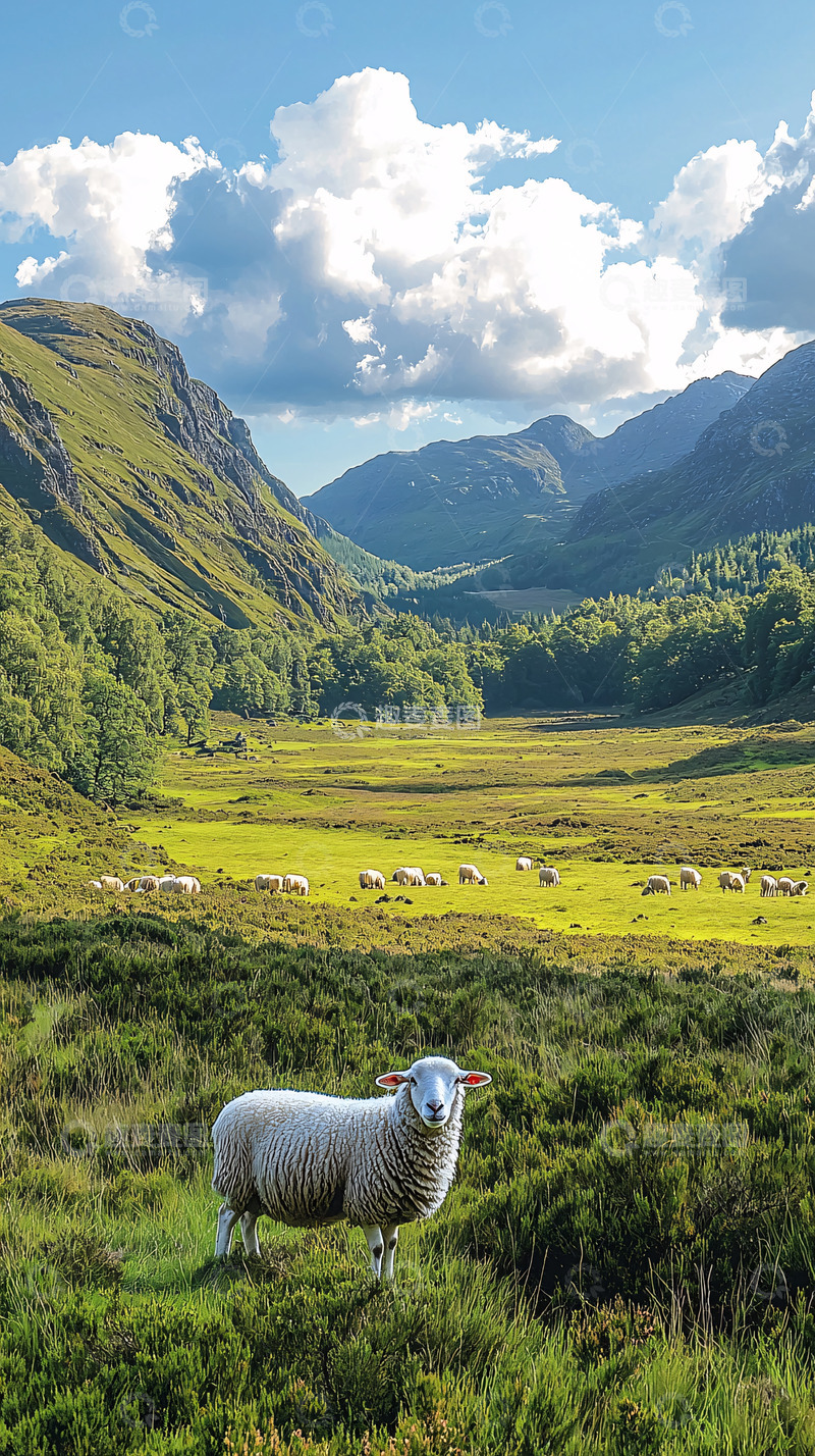 高清大图下载【趣麦麦图】绵羊站立在绿色山谷中