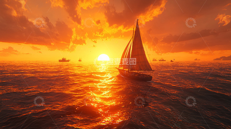 高清大图下载【趣麦麦图】夕阳西下帆船大海