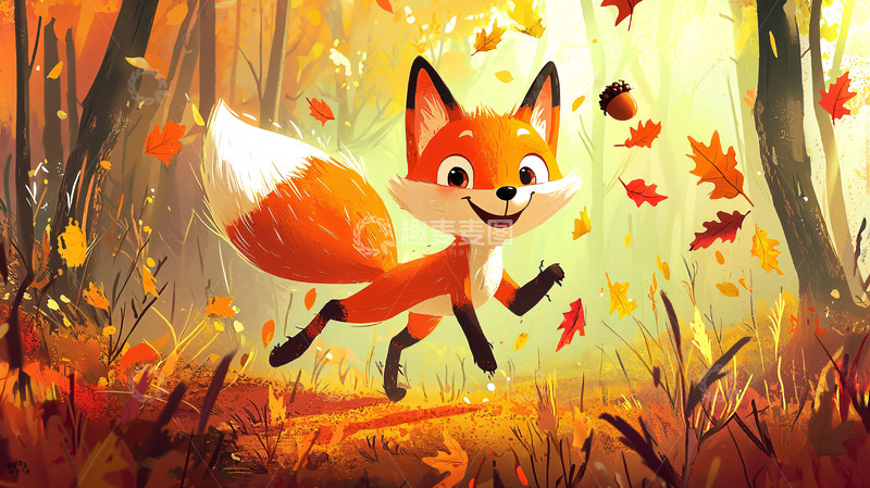 高清大图下载【趣麦麦图】秋日森林里奔跑的狐狸