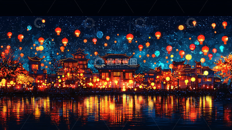 高清大图下载【趣麦麦图】夜空中飞舞的彩灯小镇