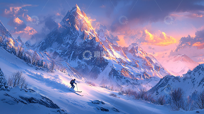 高清大图下载【趣麦麦图】雪山滑雪者日落景色