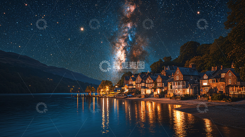 高清大图下载【趣麦麦图】星空下的湖边小镇