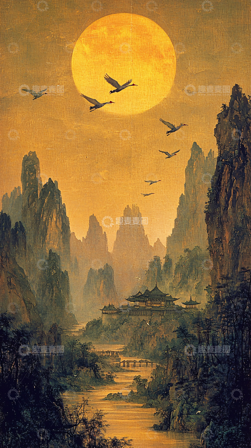 高清大图下载【趣麦麦图】金色山水飞鸟月亮