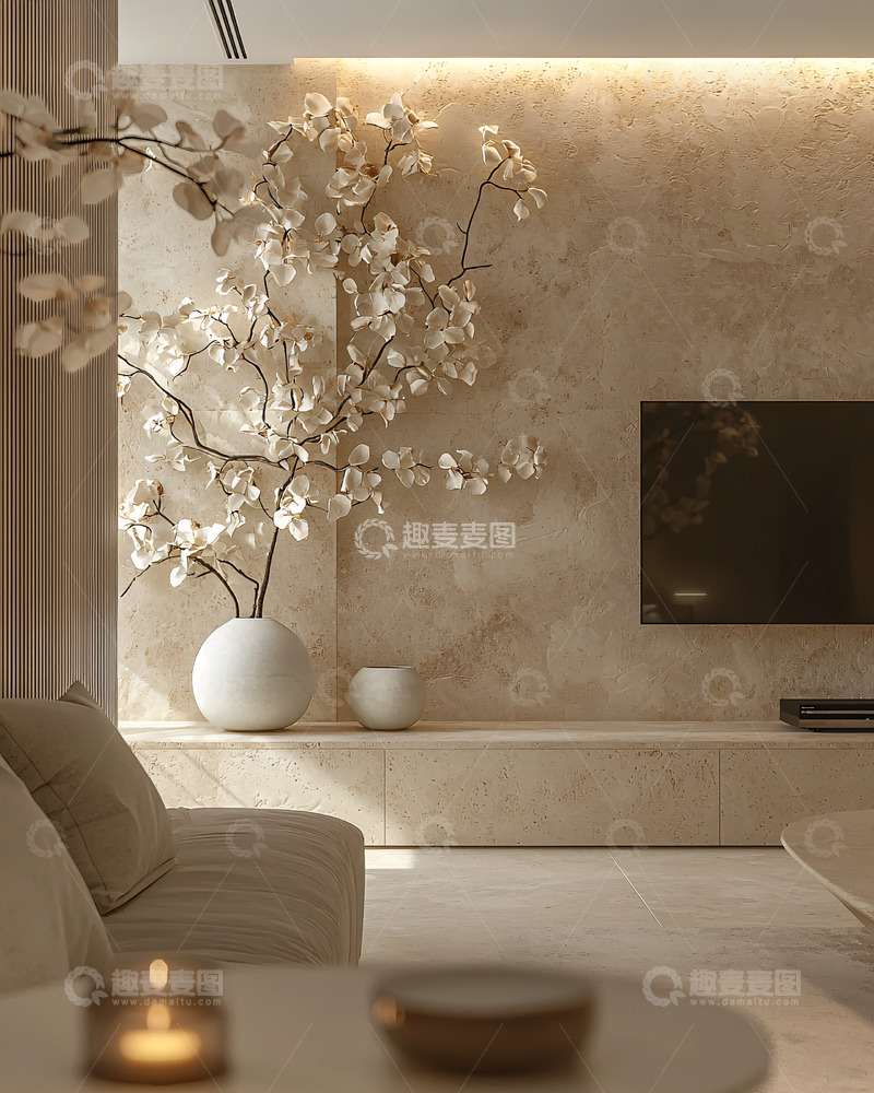 高清大图下载【趣麦麦图】米色调客厅中的花艺装饰