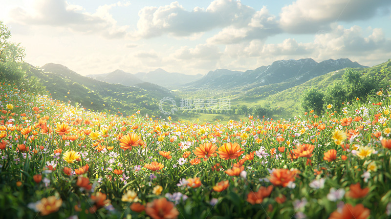高清大图下载【趣麦麦图】山峦花海日出景色